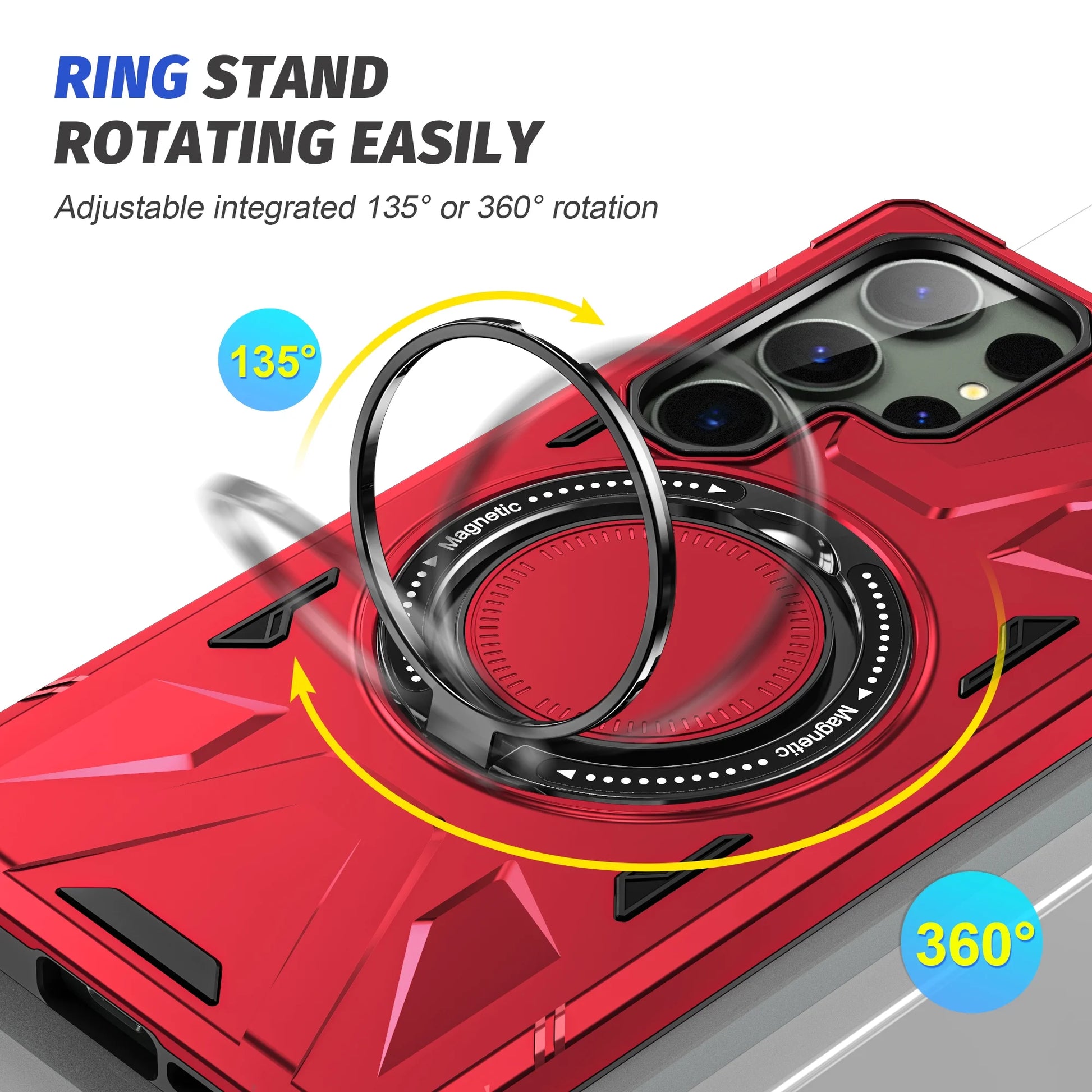 For Samsung Galaxy S25 Ultra Case, Hybrid Durable Protective Case with 360 Degree Rotatable Ring Stand Holder, Fit Magnetic Car Mount Wireless Charging, Hard PC Back Cover Shockproof Case, Red