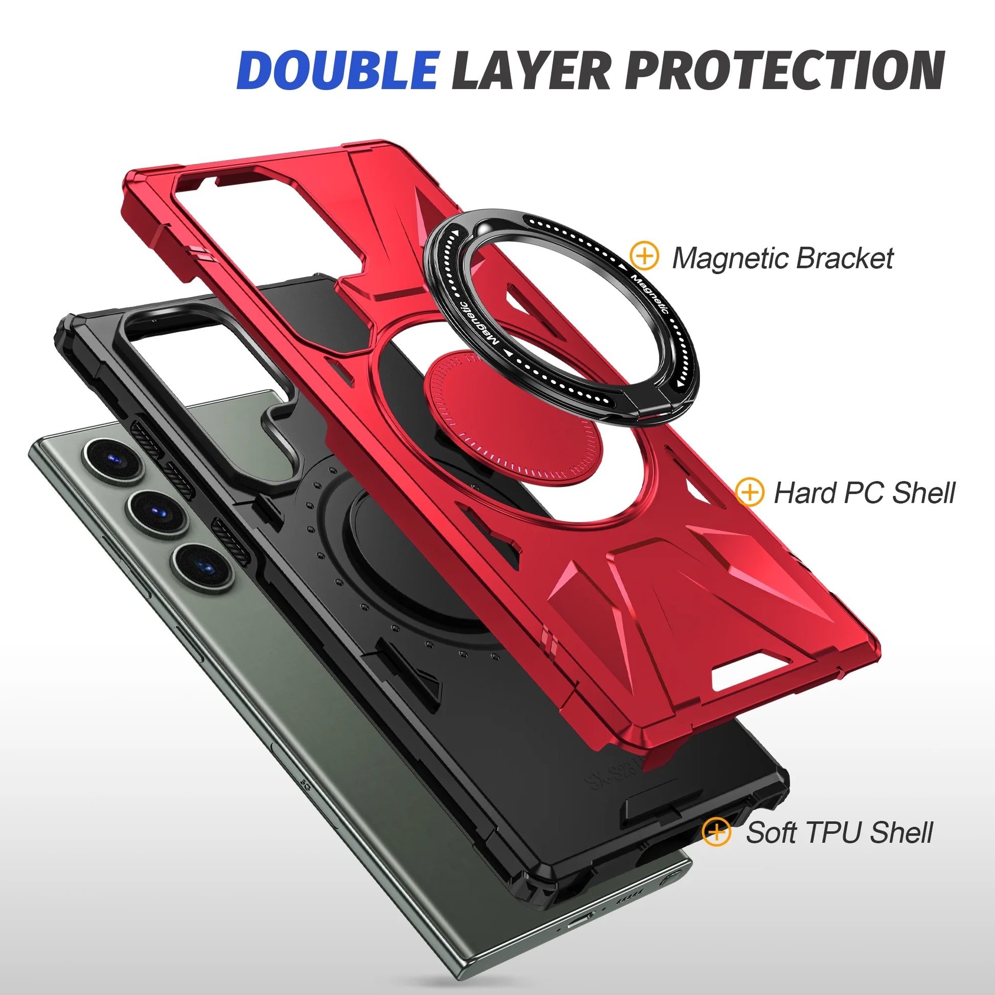 For Samsung Galaxy S25 Ultra Case, Hybrid Durable Protective Case with 360 Degree Rotatable Ring Stand Holder, Fit Magnetic Car Mount Wireless Charging, Hard PC Back Cover Shockproof Case, Red