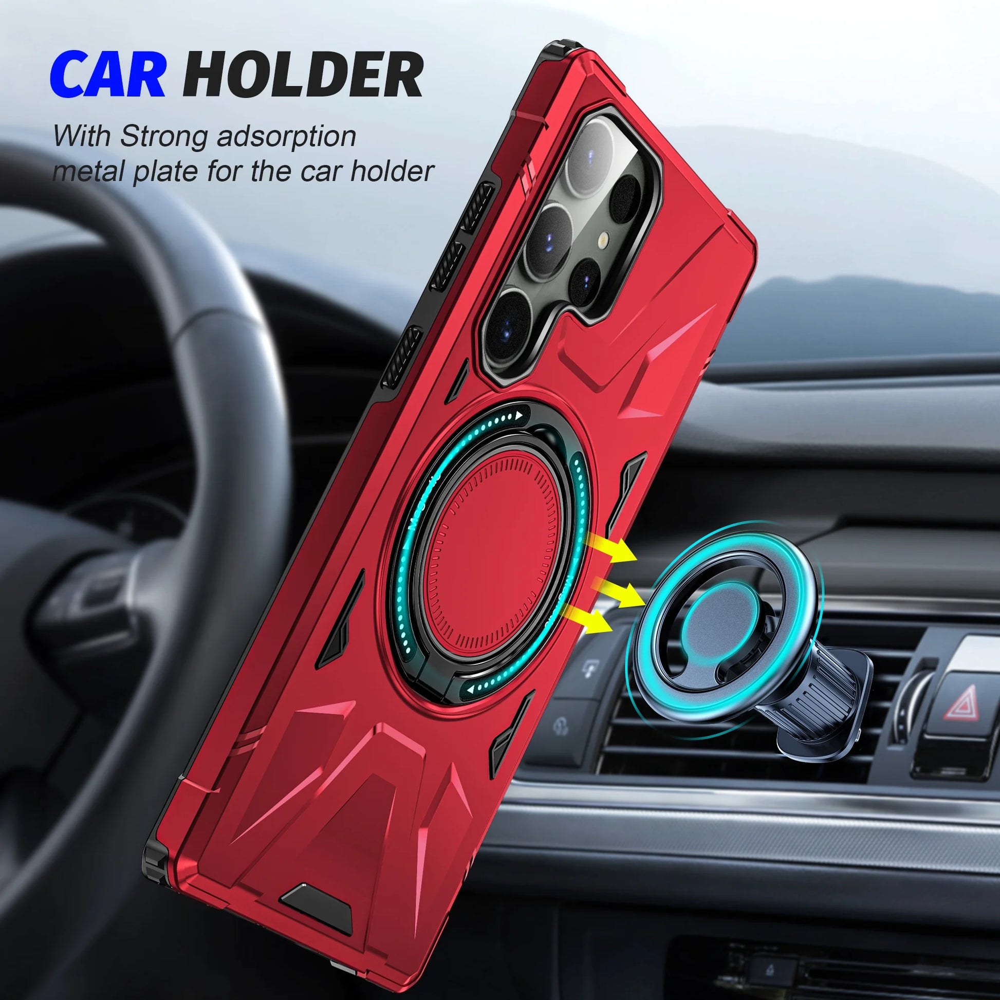 For Samsung Galaxy S25 Ultra Case, Hybrid Durable Protective Case with 360 Degree Rotatable Ring Stand Holder, Fit Magnetic Car Mount Wireless Charging, Hard PC Back Cover Shockproof Case, Red