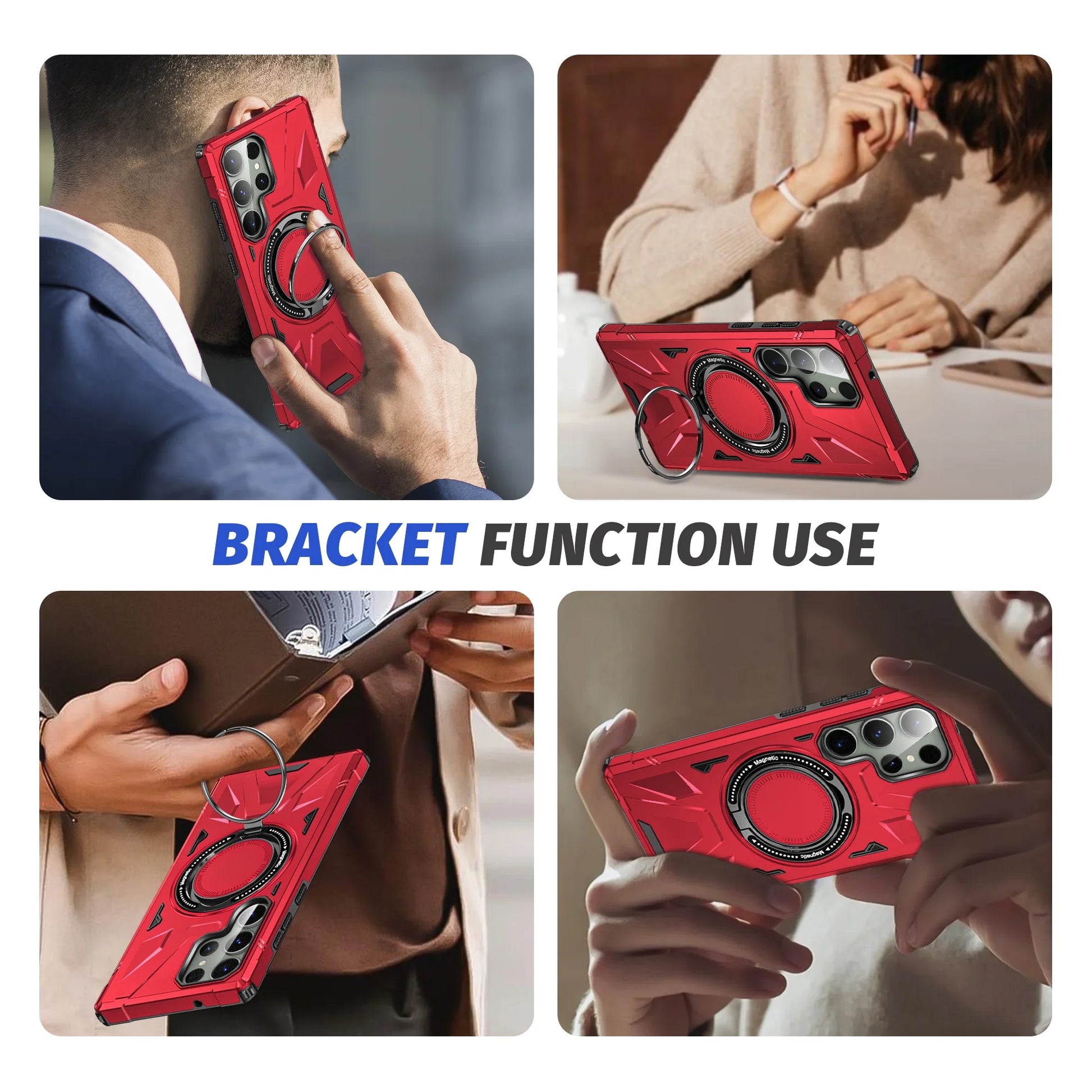 For Samsung Galaxy S25 Ultra Case, Hybrid Durable Protective Case with 360 Degree Rotatable Ring Stand Holder, Fit Magnetic Car Mount Wireless Charging, Hard PC Back Cover Shockproof Case, Red