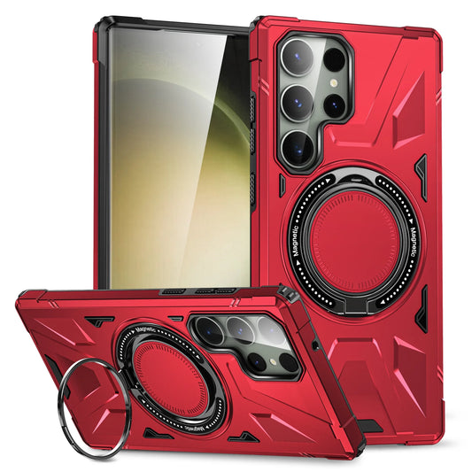 For Samsung Galaxy S25 Ultra Case, Hybrid Durable Protective Case with 360 Degree Rotatable Ring Stand Holder, Fit Magnetic Car Mount Wireless Charging, Hard PC Back Cover Shockproof Case, Red