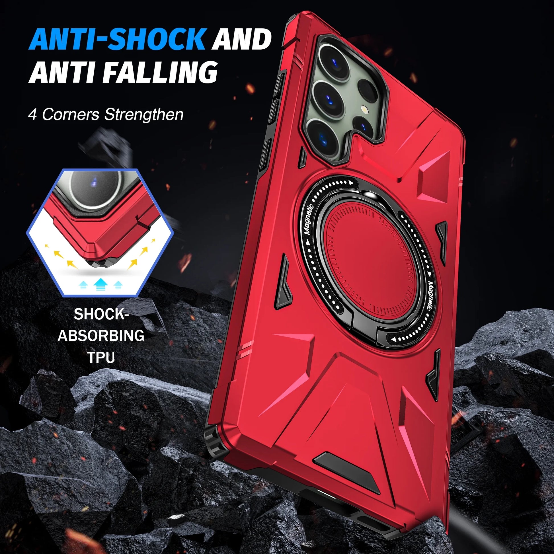 For Samsung Galaxy S25 Ultra Case, Hybrid Durable Protective Case with 360 Degree Rotatable Ring Stand Holder, Fit Magnetic Car Mount Wireless Charging, Hard PC Back Cover Shockproof Case, Red