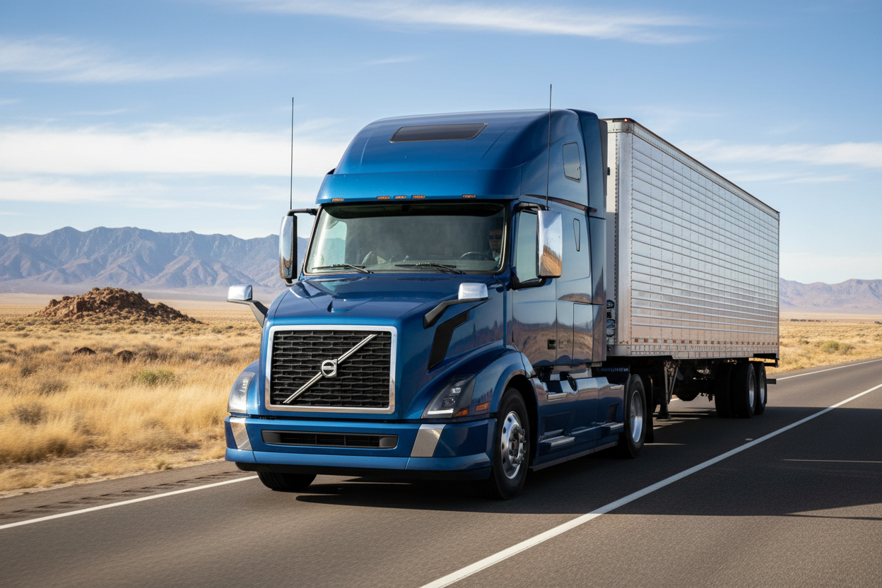 Volvo big rig truck in open landscape