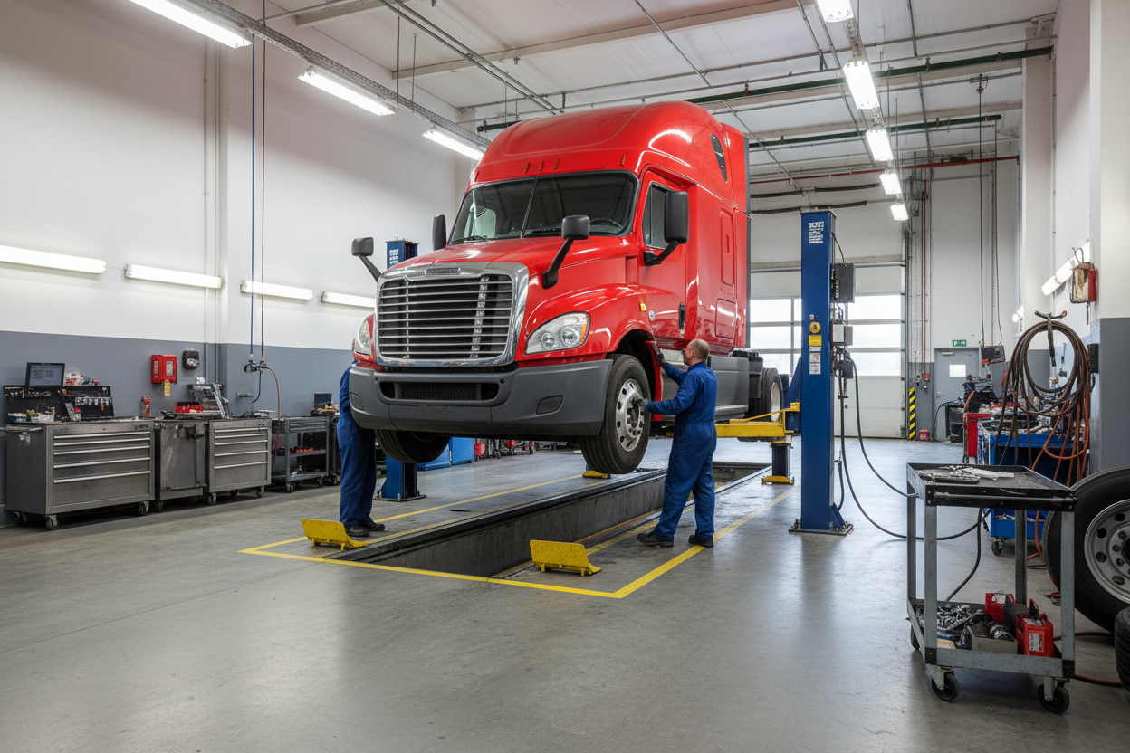 Red Freightliner Cascadia in repair shop